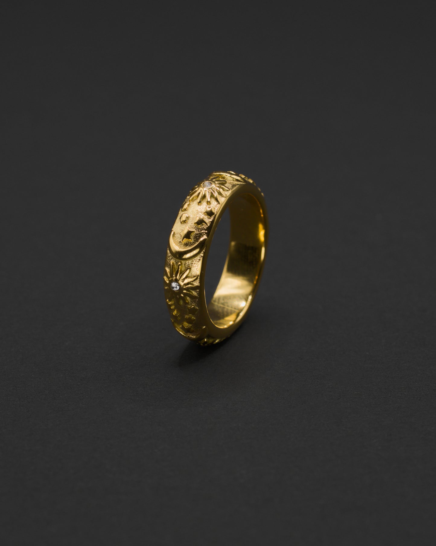 Solstice Ring gold ring with Sun and Moon engraving and crystals in 18k gold plated 316L Stainless Steel