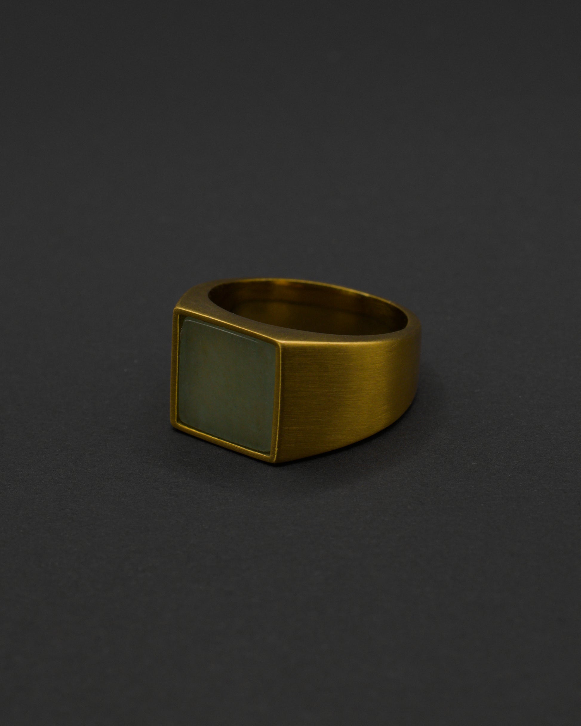 Sage Ring rectangular gold brushed signet ring with smooth sage green stone in 18k gold plated 316L Stainless Steel