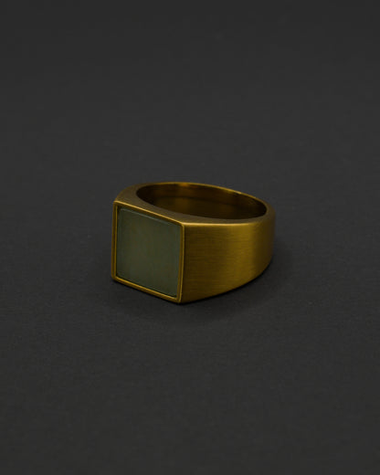 Sage Ring rectangular gold brushed signet ring with smooth sage green stone in 18k gold plated 316L Stainless Steel