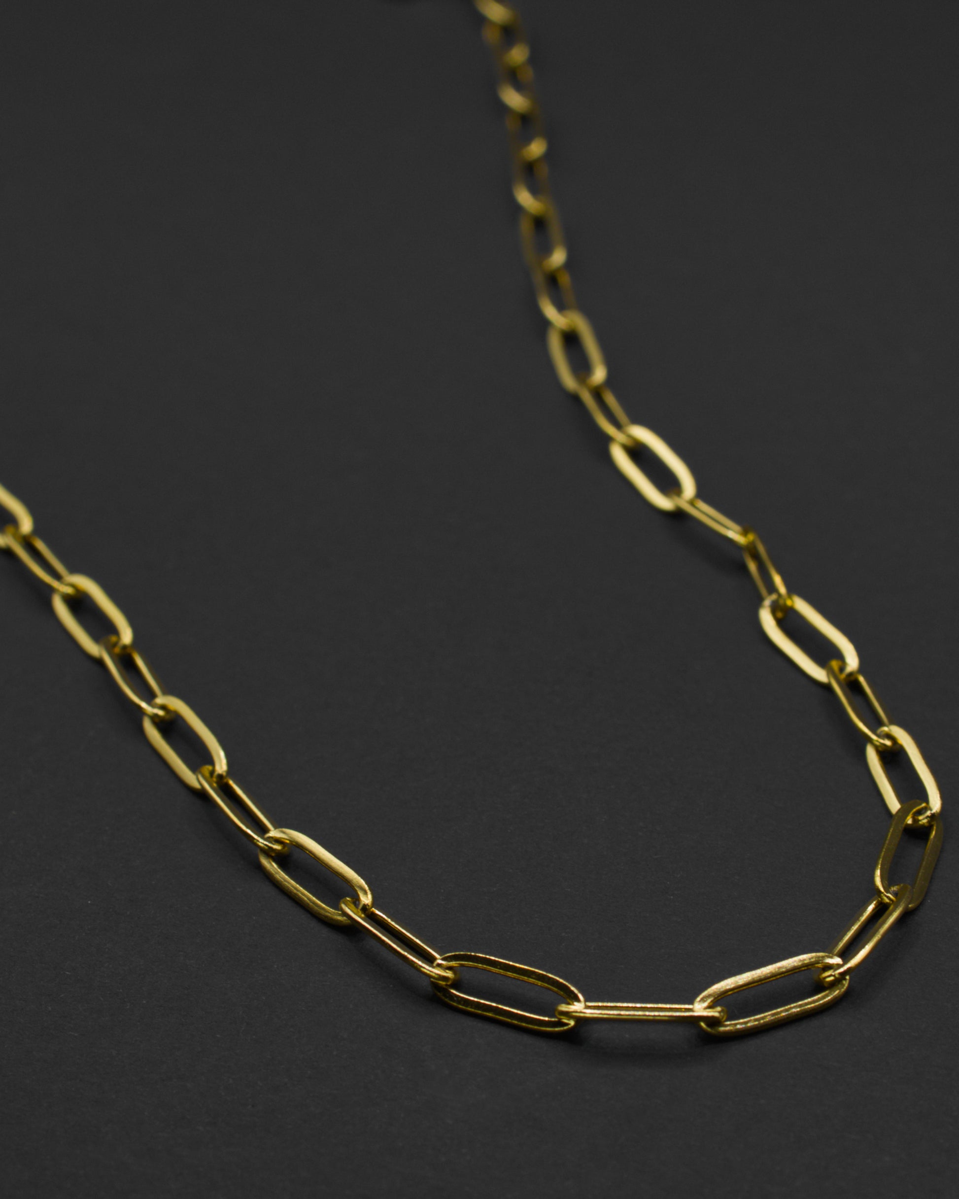 Detailed shot of the gold Echo chain necklace in 18k gold plated 316L stainless steel, featuring a classic elongated paperclip link design on a dark background.